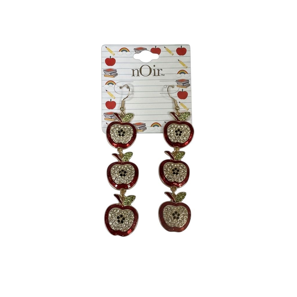 Noir Red Jeweled Apple Dangle Earrings Whimsical Fruit Theme